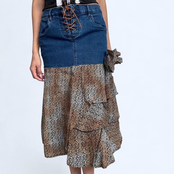 ✂️ Reworked Venus Denim x Animal Print Ruffle Skirt ✂️